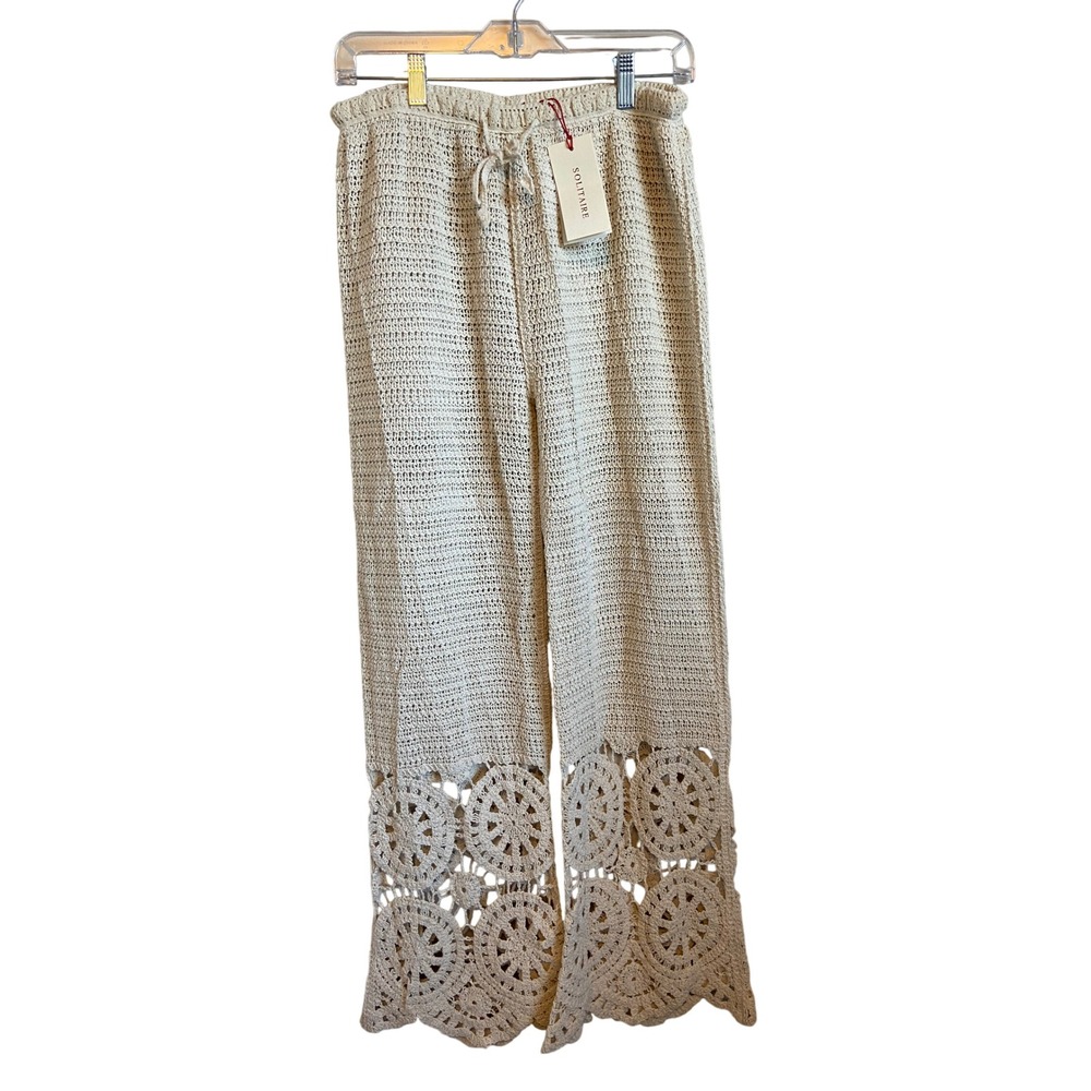 Solitaire Cream Crochet Knit Wide Leg Pants Medallion Lace Hem Large NEW